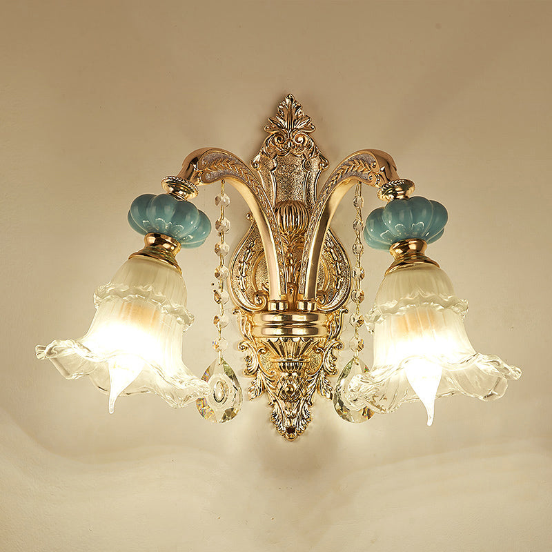 Glass Gold Wall Mount Light Ruffle Flower Retro Wall Lighting with Crystal Draping