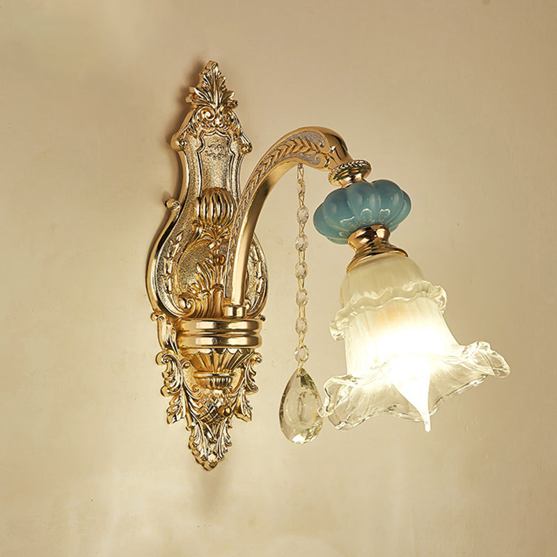 Glass Gold Wall Mount Light Ruffle Flower Retro Wall Lighting with Crystal Draping
