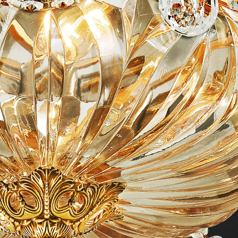 Gold 5 Heads Flush Mount Antique Ribbed Crystal Bowl Shade Flushmount Ceiling Light with Crystal Draping