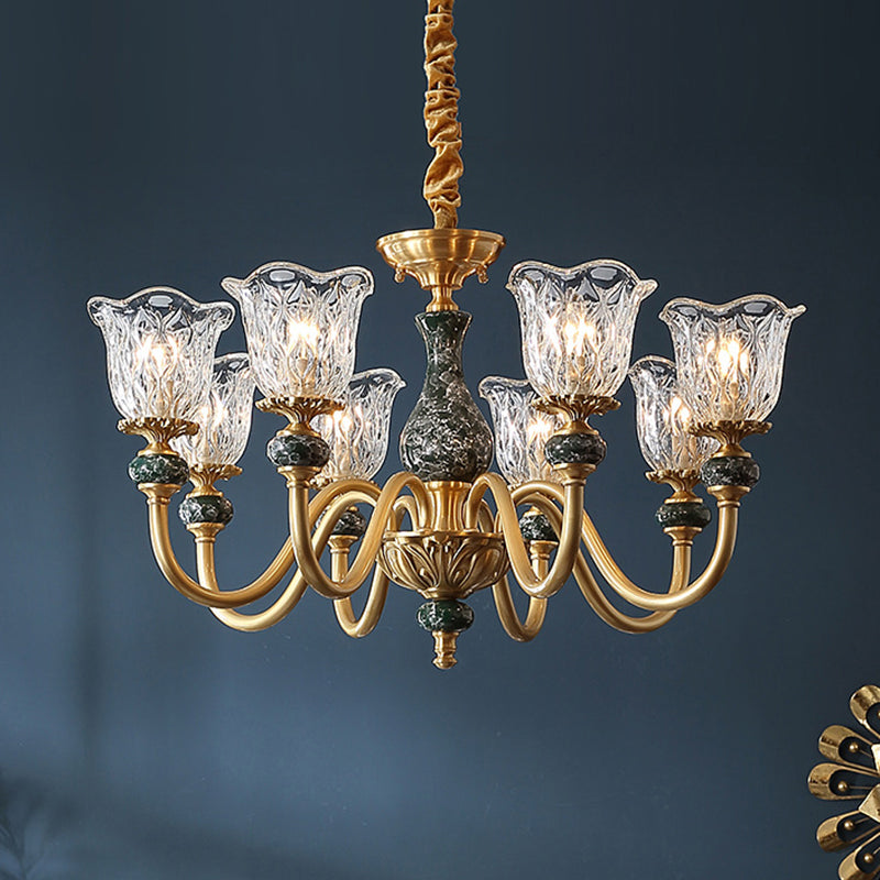 Traditional Flared Ceiling Lighting Carved Glass Chandelier Light Fixture with Ruffle Edge in Brass