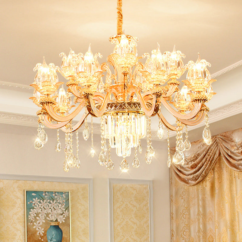Handgeblasenes Glasblumenaufhängung Licht Retro -Retro -Stil -Kronleuchter Licht mit abgestufter Kristalldekor in Gold