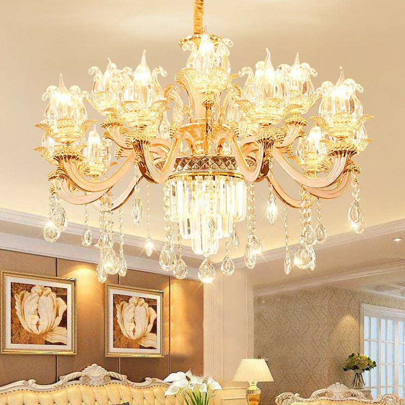 Handgeblasenes Glasblumenaufhängung Licht Retro -Retro -Stil -Kronleuchter Licht mit abgestufter Kristalldekor in Gold