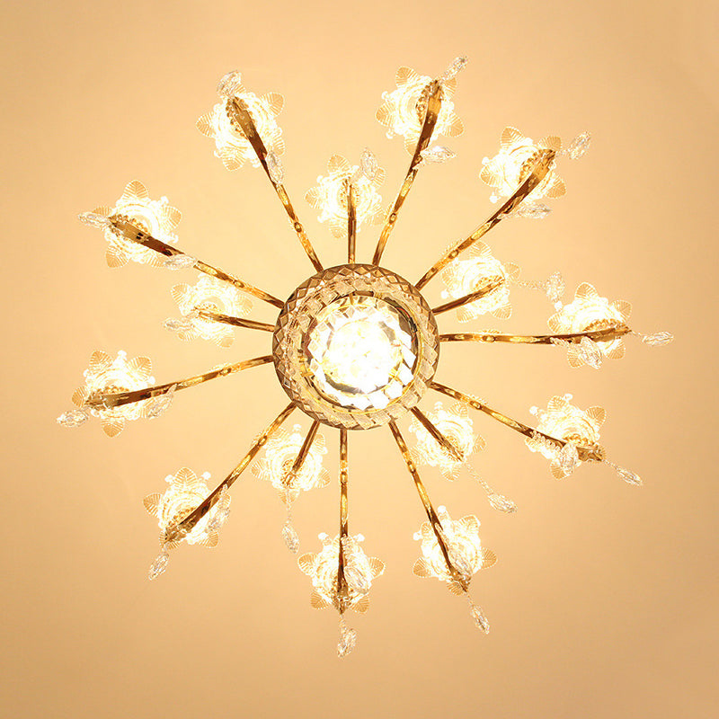 Handgeblasenes Glasblumenaufhängung Licht Retro -Retro -Stil -Kronleuchter Licht mit abgestufter Kristalldekor in Gold