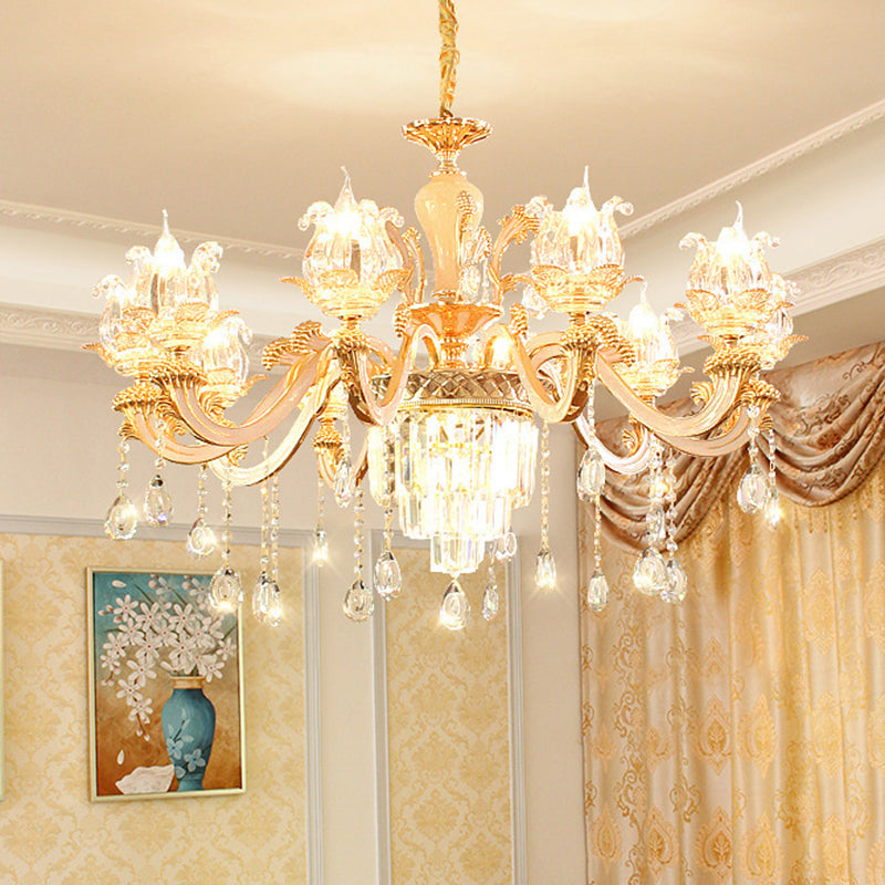 Handgeblasenes Glasblumenaufhängung Licht Retro -Retro -Stil -Kronleuchter Licht mit abgestufter Kristalldekor in Gold