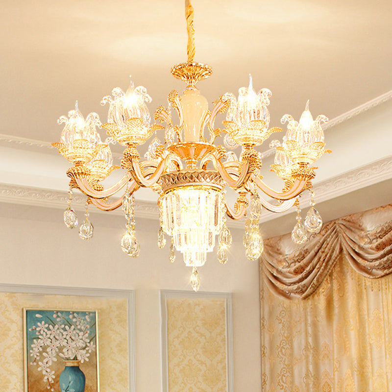 Handgeblasenes Glasblumenaufhängung Licht Retro -Retro -Stil -Kronleuchter Licht mit abgestufter Kristalldekor in Gold