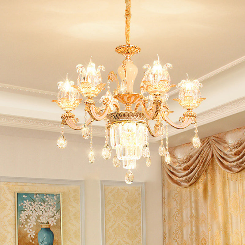 Handgeblasenes Glasblumenaufhängung Licht Retro -Retro -Stil -Kronleuchter Licht mit abgestufter Kristalldekor in Gold
