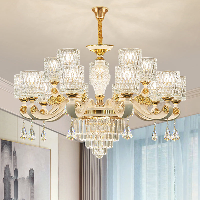 Zylinder Ripple Gla -Kronleuchter anheizt helles Vintage -Wohnzimmer hängend Licht mit Kristall Draping in Weiß