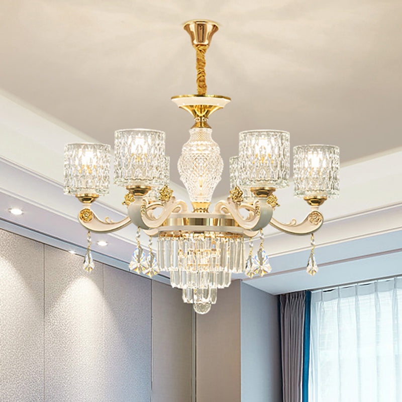 Zylinder Ripple Gla -Kronleuchter anheizt helles Vintage -Wohnzimmer hängend Licht mit Kristall Draping in Weiß