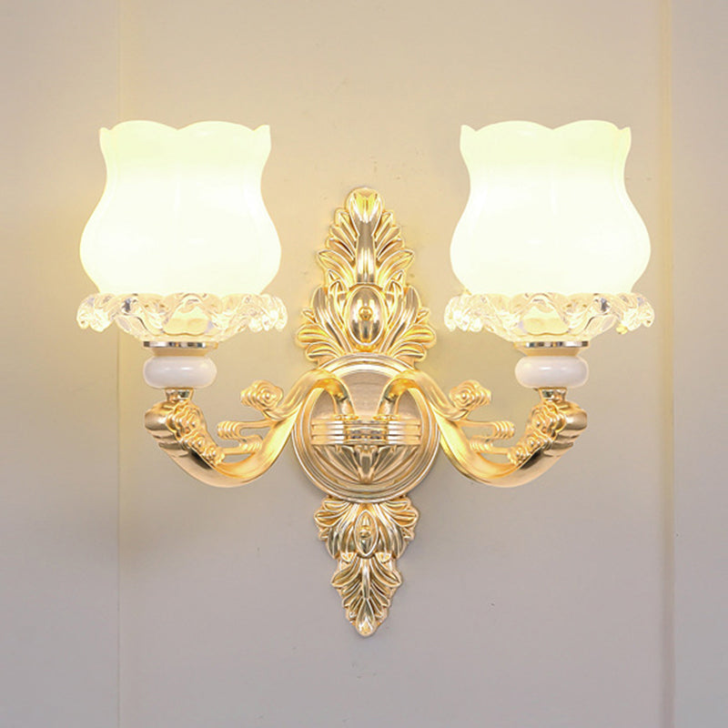 Gold Chandelier Light Retro Opal Glass Bud Pendant Light Fixture with Tiered Crystal Decor