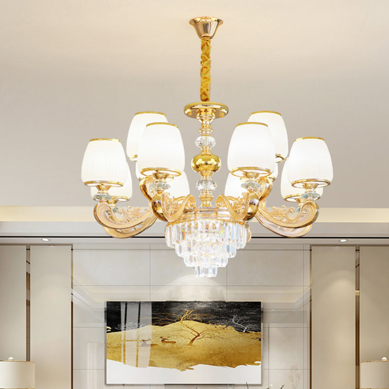 Barrel White Frosted Glass Chandelier Lighting Classic Bedroom Pendant Light with Tiered Crystal Accent