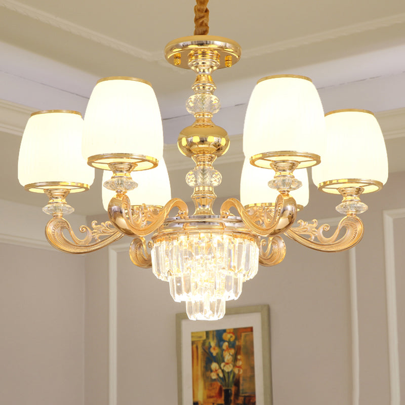 Barrel White Frosted Glass Chandelier Lighting Classic Bedroom Pendant Light with Tiered Crystal Accent