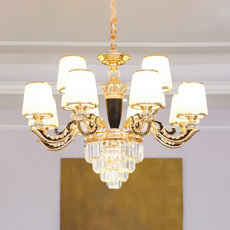 White Glass Tapered Ceiling Lighting Traditional Living Room Chandelier Light with Layered Crystal Decor