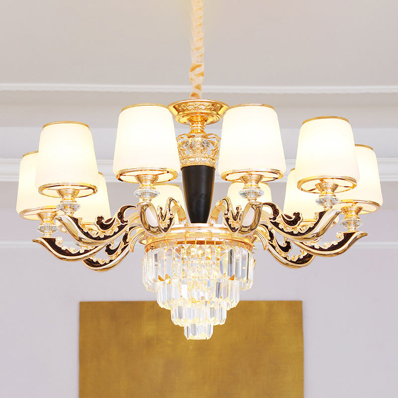 White Glass Tapered Ceiling Lighting Traditional Living Room Chandelier Light with Layered Crystal Decor
