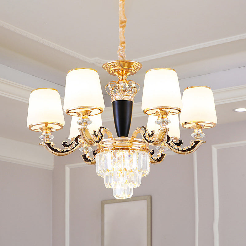 White Glass Tapered Ceiling Lighting Traditional Living Room Chandelier Light with Layered Crystal Decor