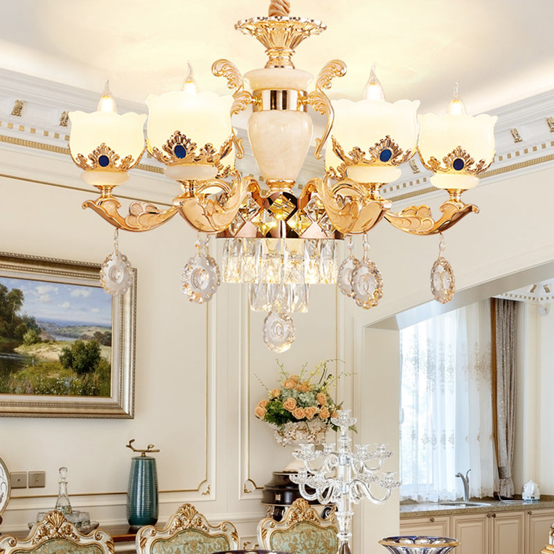Cream Glass Gold Chandelier Pendant Light Floral Vintage Hanging Light with Hanging Crystal
