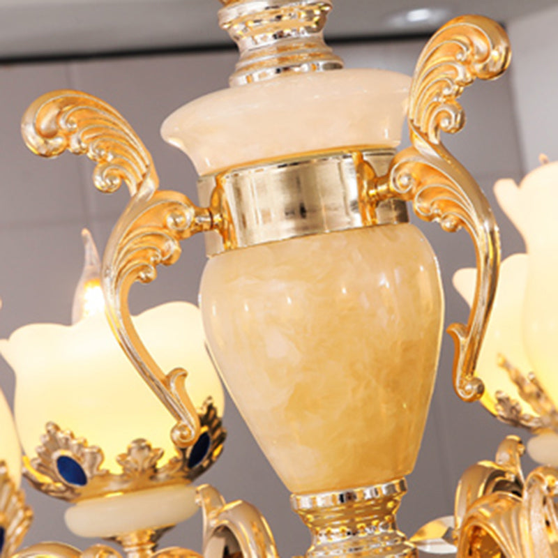 Cream Glass Gold Chandelier Pendant Light Floral Vintage Hanging Light with Hanging Crystal