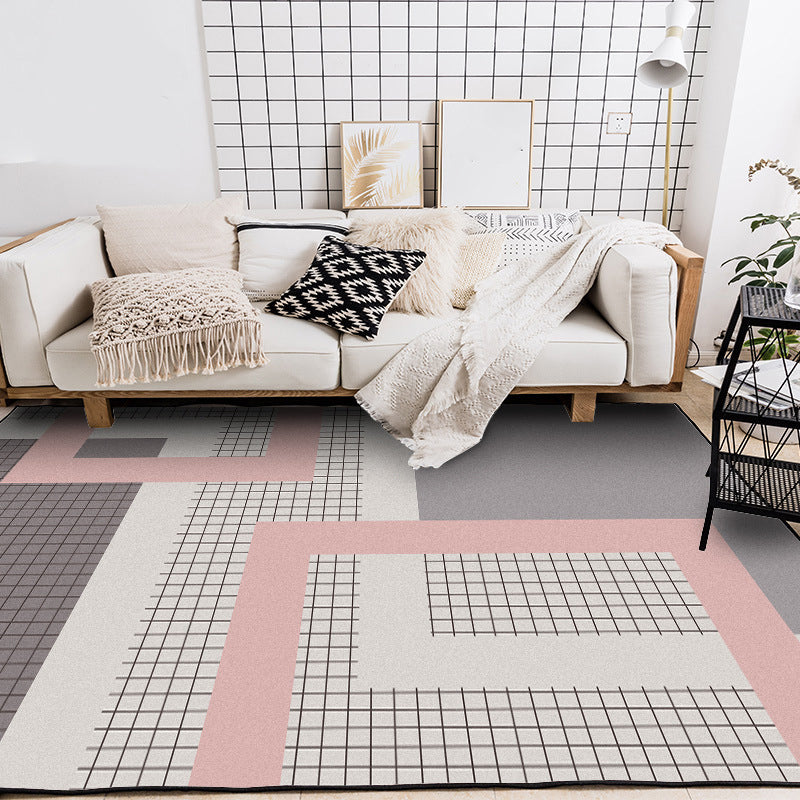 Stylish Pink-Grey Modern Rug Synthetics Geometric Grids Print Carpet Stain Resistant Non-Slip Pet Friendly Rug for Girls Room