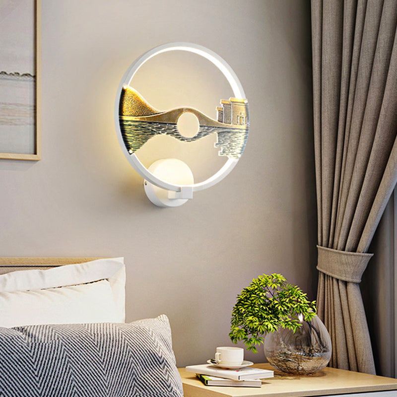 Black/White Circular Sconce Light Fixture LED Acrylic Wall Mount Lamp with Chinese Style Scenery Pattern, 12 Dia"