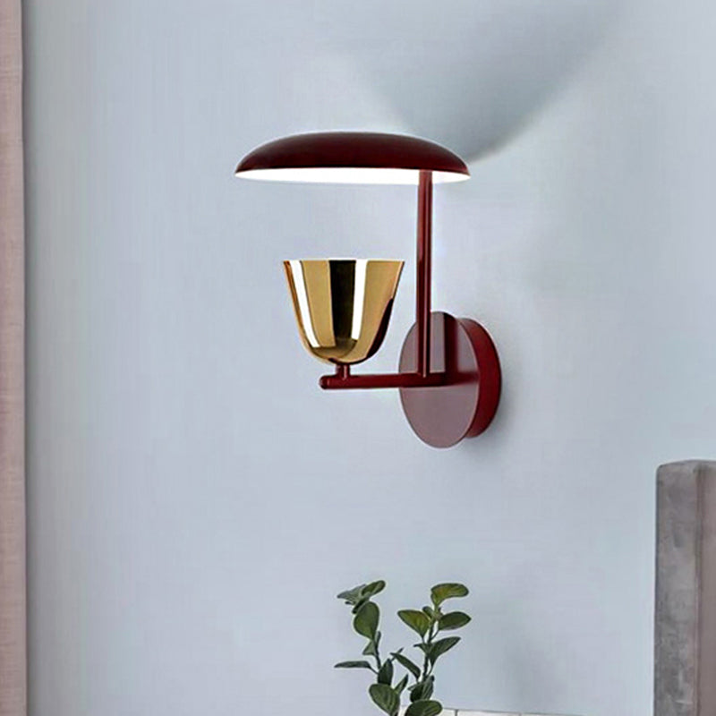 1 Light Bedroom Sconce Light Fixture Contemporary Wall Mounted Lamp in Black with Disc Metallic Shade and Brass Bowl