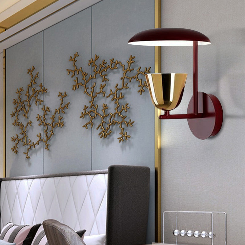 1 Light Bedroom Sconce Light Fixture Contemporary Wall Mounted Lamp in Black with Disc Metallic Shade and Brass Bowl