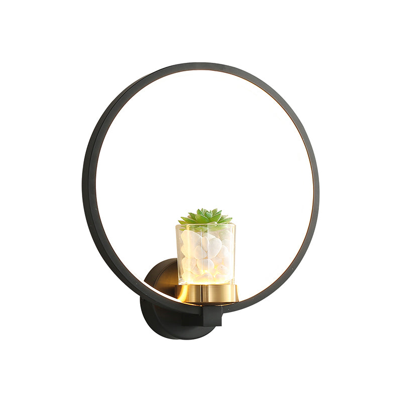 Zwarte acryl wandmontage ring licht eigentijdse led warmlicht lamp lamp met ingemaakte planten met potplant