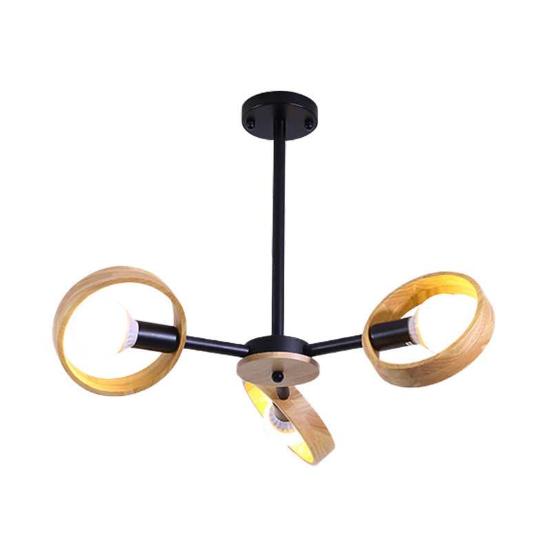 3/6/8 Heads Round Chandelier Light Contemporary Wood Hanging Ceiling Light in Black/White for Living Room