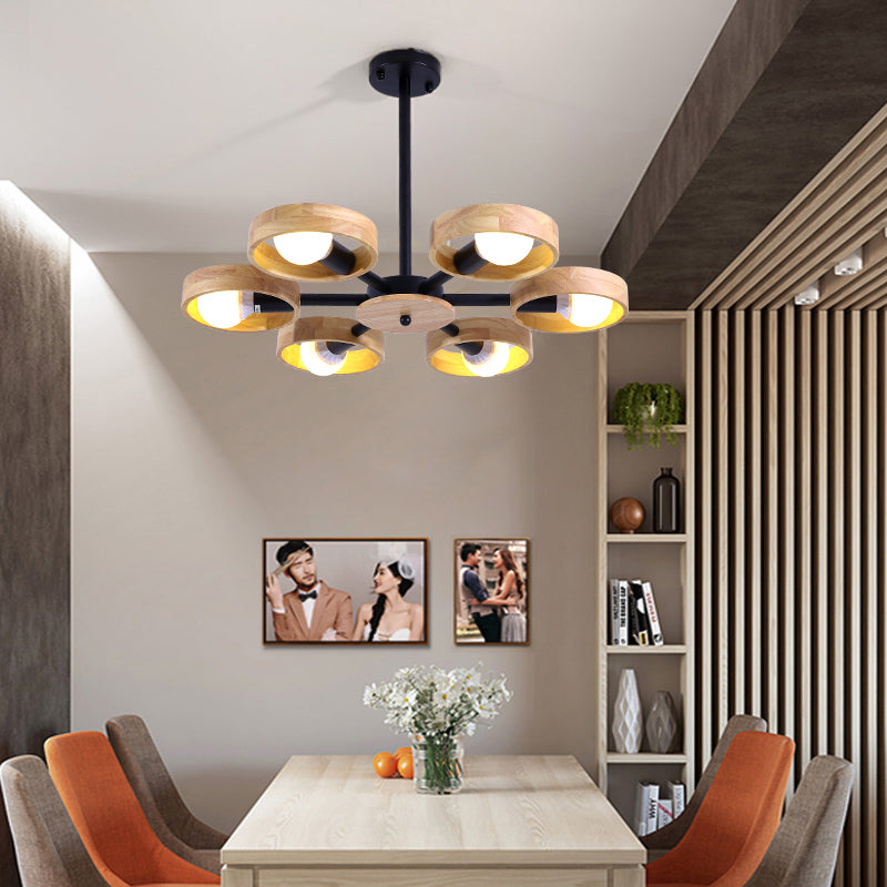 3/6/8 Heads Round Chandelier Light Contemporary Wood Hanging Ceiling Light in Black/White for Living Room