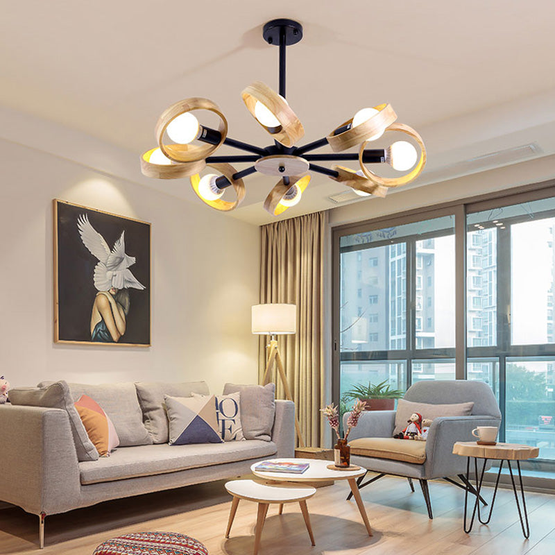 3/6/8 Heads Round Chandelier Light Contemporary Wood Hanging Ceiling Light in Black/White for Living Room