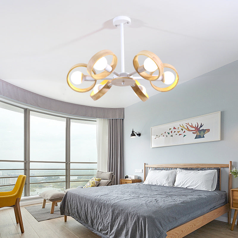 3/6/8 Heads Round Chandelier Light Contemporary Wood Hanging Ceiling Light in Black/White for Living Room