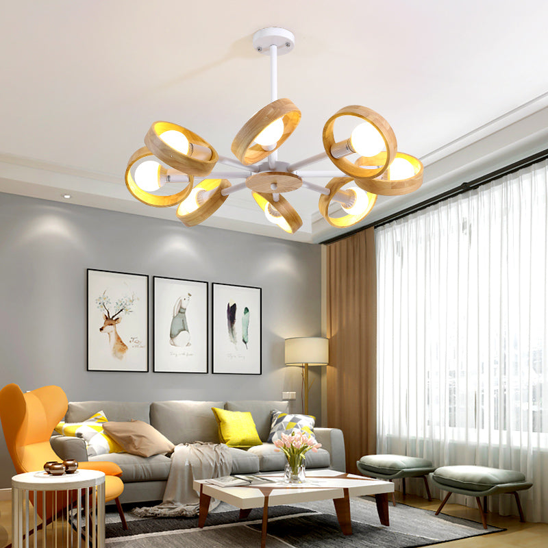 3/6/8 Heads Round Chandelier Light Contemporary Wood Hanging Ceiling Light in Black/White for Living Room
