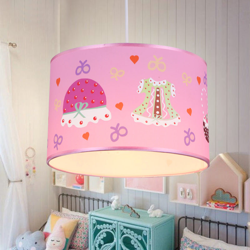 1 Light Bedroom Pendant Light Fixture Cartoon Stylish Pink Hanging Lamp with Drum Fabric Shade