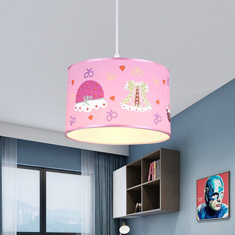 1 Light Bedroom Pendant Light Fixture Cartoon Stylish Pink Hanging Lamp with Drum Fabric Shade