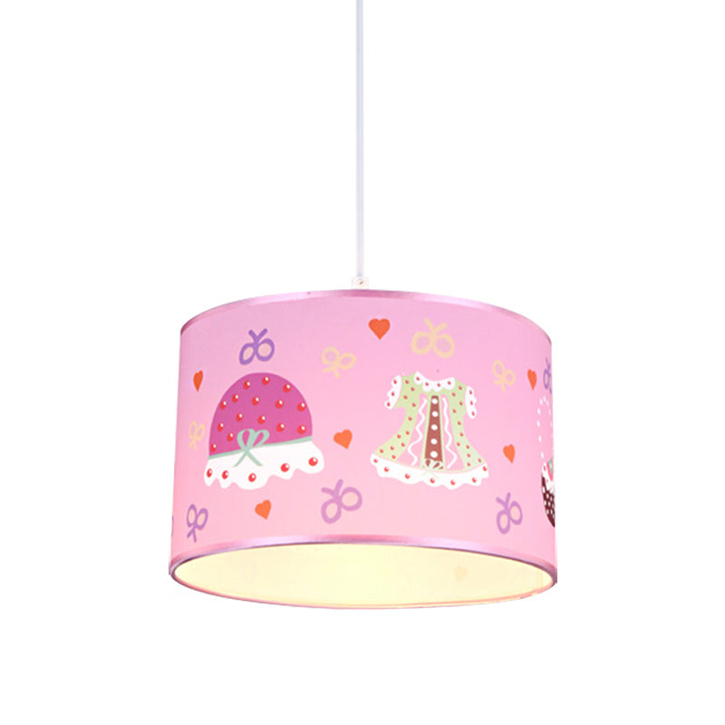 1 Light Bedroom Pendant Light Fixture Cartoon Stylish Pink Hanging Lamp with Drum Fabric Shade