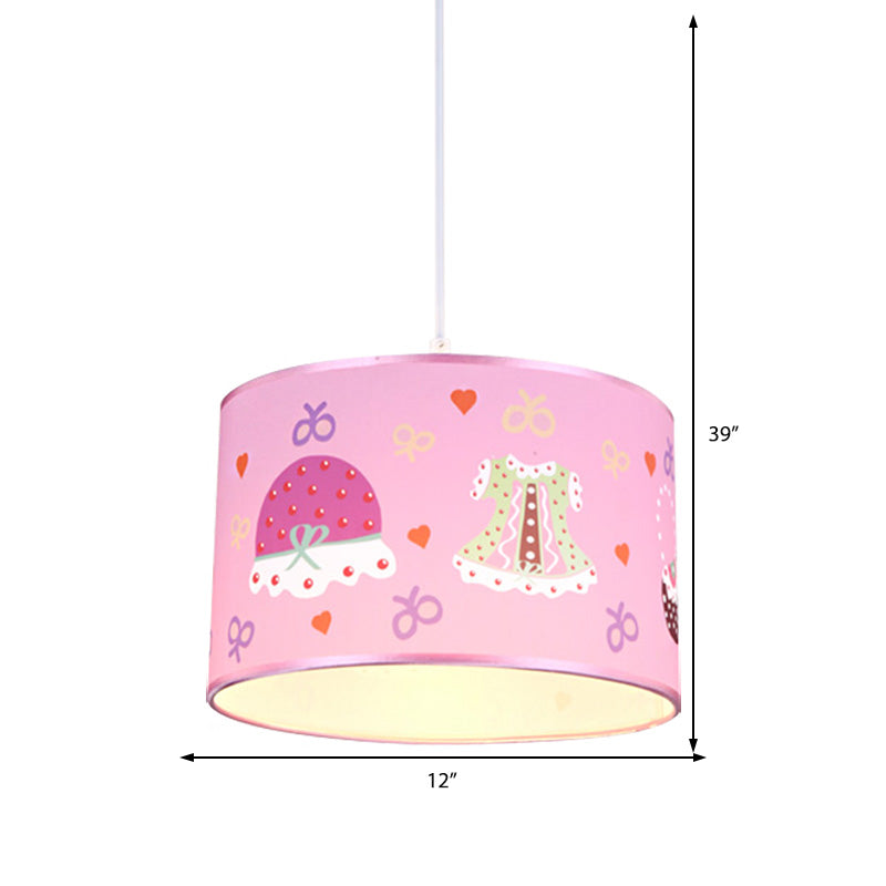 1 Light Bedroom Pendant Light Fixture Cartoon Stylish Pink Hanging Lamp with Drum Fabric Shade