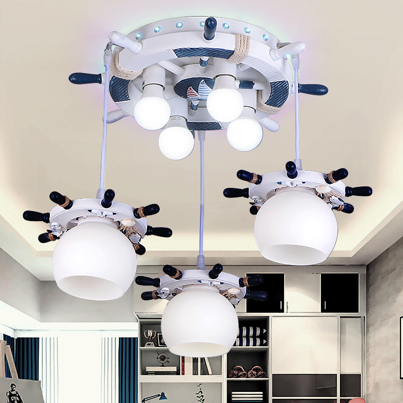 Cartoon Style 7 Lights Cluster Pendant Light with/without Glass Shade White Rudder Design Hanging Lamp