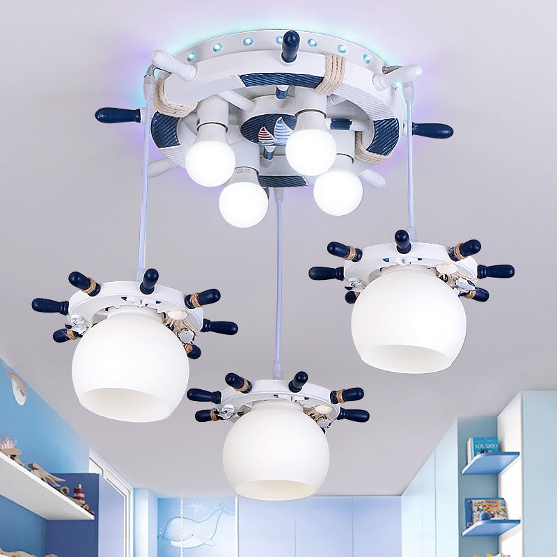 Style de dessin animé 7 Lumières Cluster Pendant Light avec / sans nuance de verre de conception de gouvernail blanc lampe suspendue