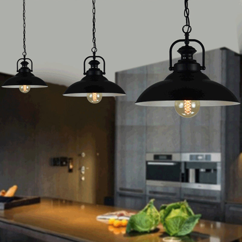 1 lampe suspendue à la tête recouvrement de pot vintage pendentif éclairage en métal avec poignée en noir extérieur et blanc intérieur