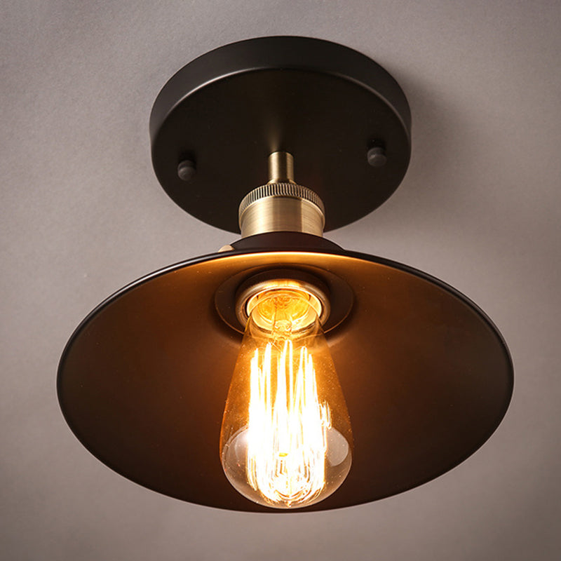 Black Flared Shade Semi Flush Light Industrial 1 Bulb Corridor Ceiling Flush Mount