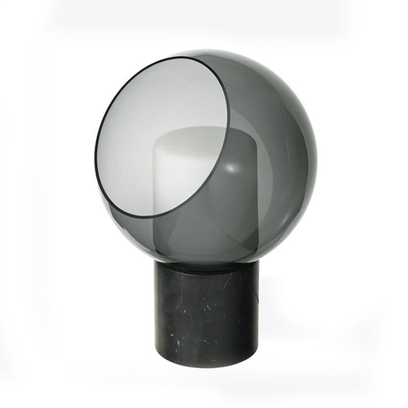 Marble Cylindrical Base Table Lamp Postmodern Black LED Nightstand Light with Globe Smoked Glass Shade
