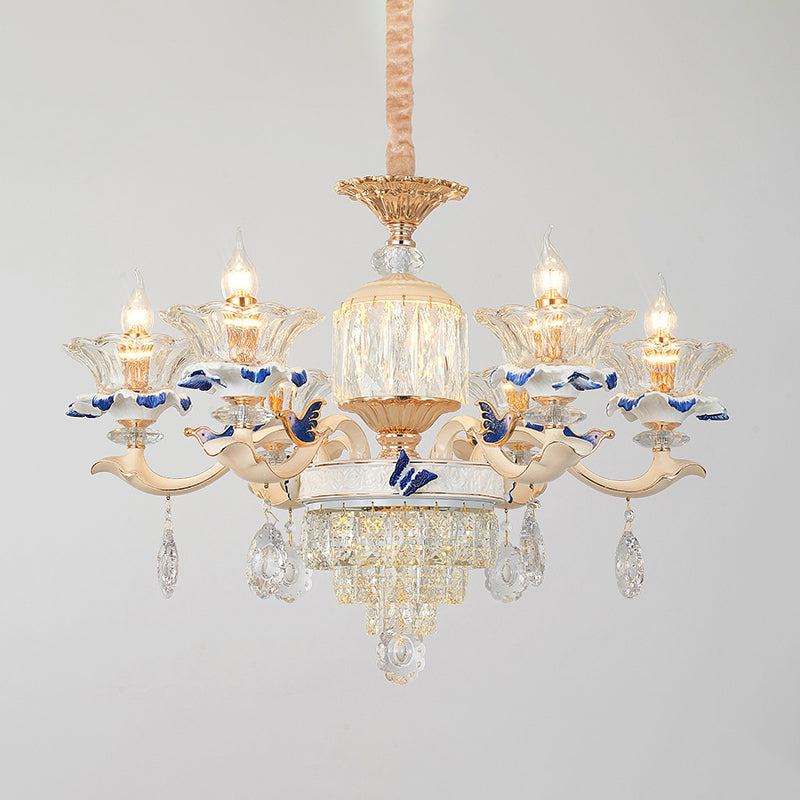 Flower Ribbed Glass Suspension Light Retro Style Living Room Chandelier Light with Crystal Draping in White
