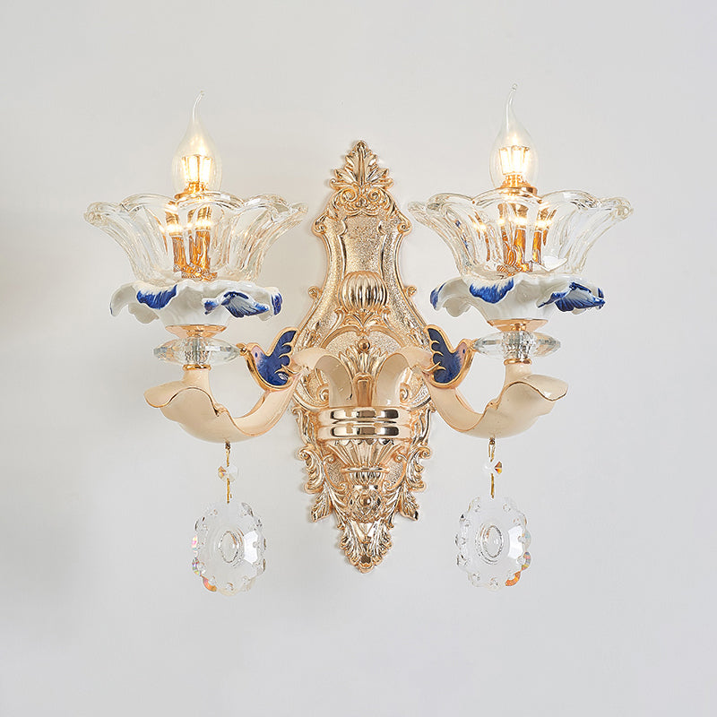 Flower Ribbed Glass Suspension Light Retro Style Living Room Chandelier Light with Crystal Draping in White
