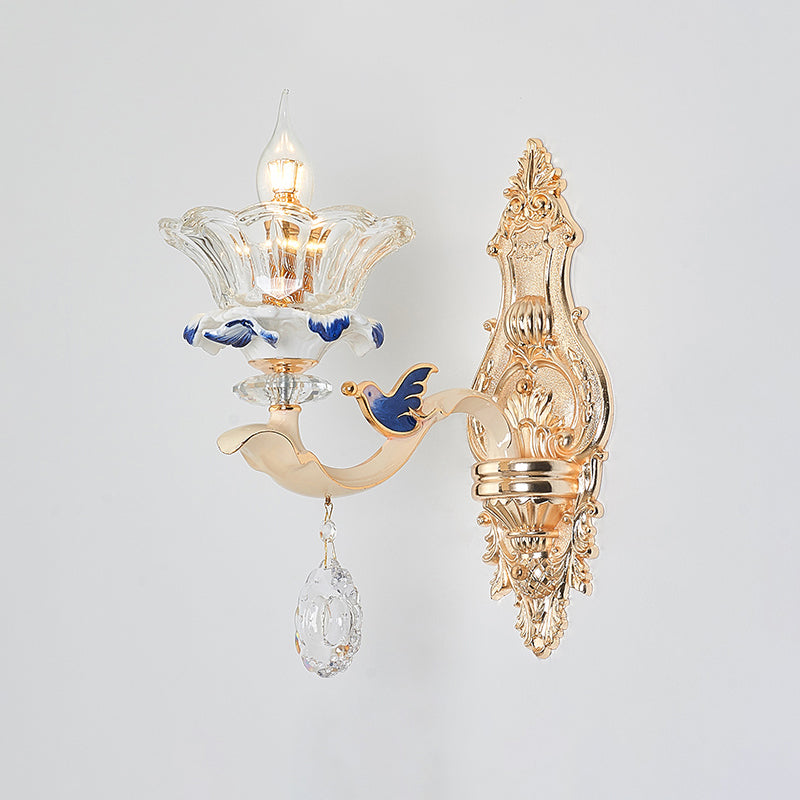 Bloem geribbelde glasophanging licht retro stijl woonkamer kroonluchter licht met kristal draperen in wit