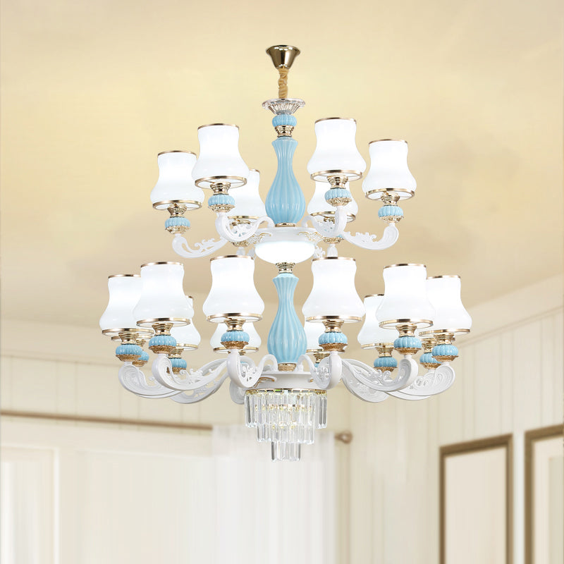 Bud Shade Bedroom Chandelier Lighting Classic Cream Glass Blue Pendant Light with Tiered Crystal Accent