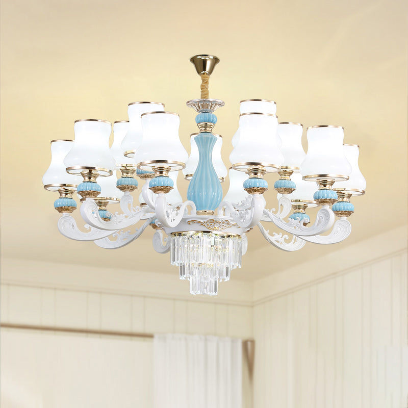 Bud Shade Bedroom Chandelier Lighting Classic Cream Glass Blue Pendant Light with Tiered Crystal Accent