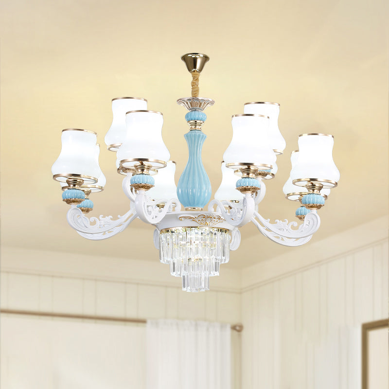 Bud Shade Bedroom Chandelier Lighting Classic Cream Glass Blue Pendant Light with Tiered Crystal Accent