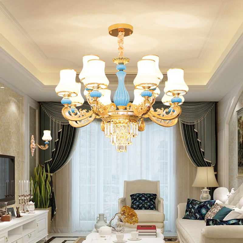 Bud Shade Bedroom Chandelier Lighting Classic Cream Glass Blue Pendant Light with Tiered Crystal Accent