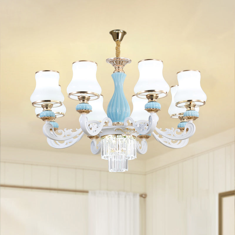 Bud Shade Bedroom Chandelier Lighting Classic Cream Glass Blue Pendant Light with Tiered Crystal Accent