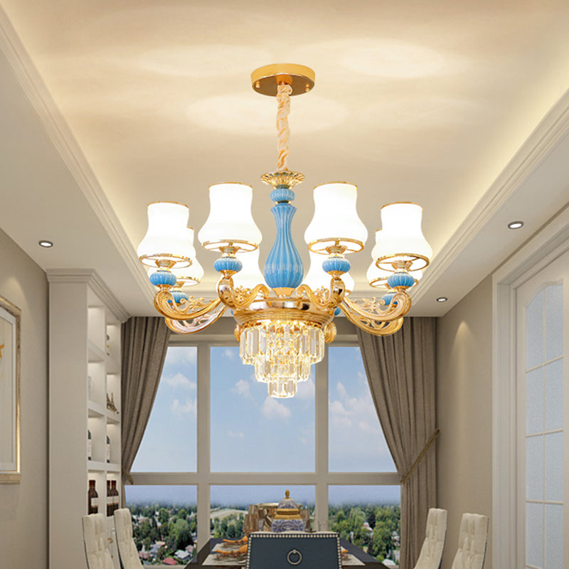 Bud Shade Bedroom Chandelier Lighting Classic Cream Glass Blue Pendant Light with Tiered Crystal Accent