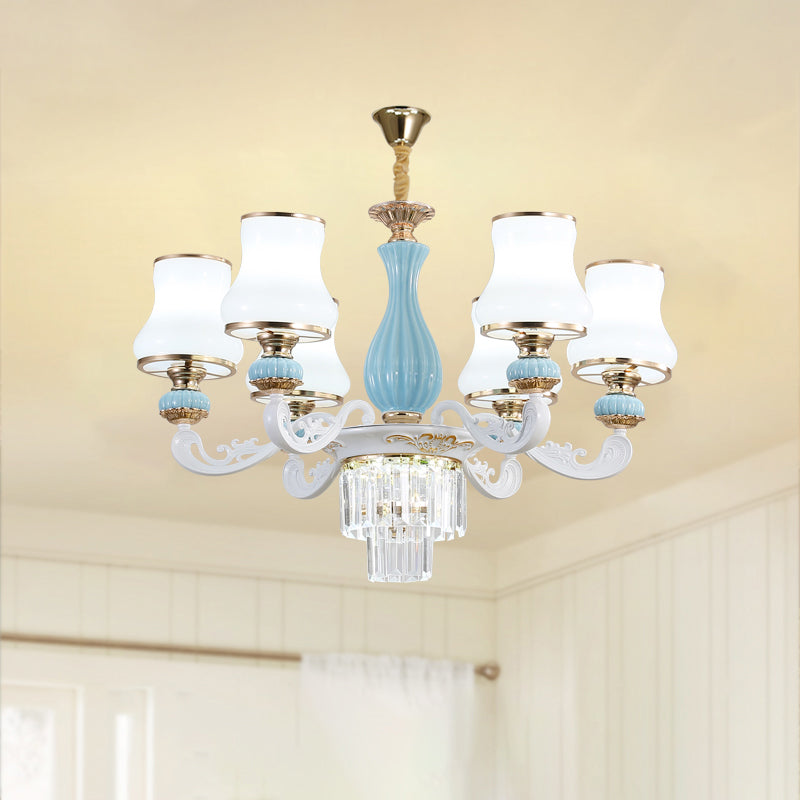 Bud Shade Bedroom Chandelier Lighting Classic Cream Glass Blue Pendant Light with Tiered Crystal Accent
