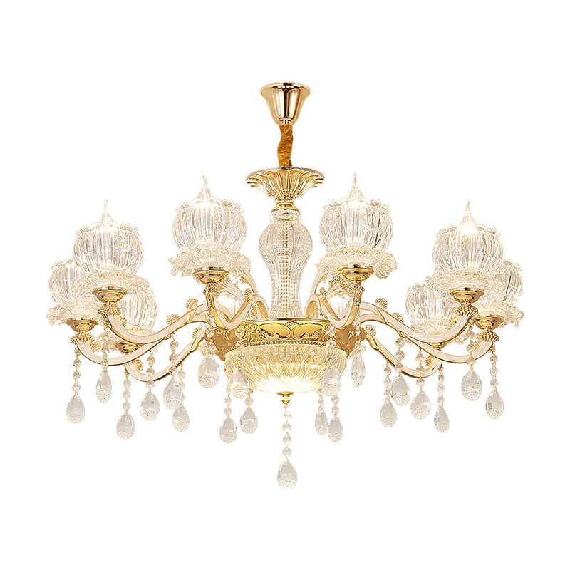 Ribbed Crystal Flower Ceiling Lighting Traditional Living Room Chandelier Light with Crystal Draping in Clear